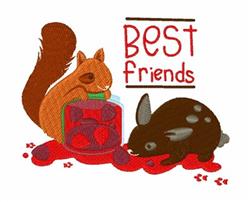 Playful squirrel and rabbit interacting with a jar of berries, featuring vibrant colors and 'BEST friends' text.
