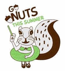 Cartoon squirrel with bushy tail in a green swim ring, enjoying a drink with a straw, summer fun.