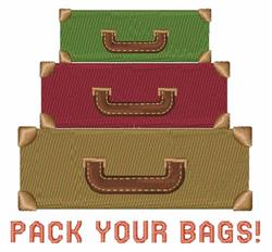 Colorful stack of three suitcases in green, red, and olive green with brown accents. Playful travel theme.
