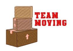 Cartoonish stacked boxes in shades of brown with bold red 'TEAM MOVING' text above. Playful design for moving themes.