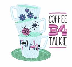 Playful stacked coffee cups with vibrant blue hues, colorful decorations, and bold text on a green saucer.