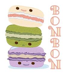 Cute stacked macarons in pastel pink, green, and purple, featuring friendly faces and the text 'BONBON'.