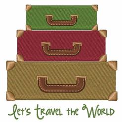 Colorful stack of three suitcases in blue, red, and green with playful tan accents, themed for travel.