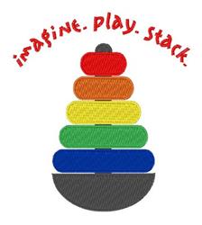 Playful stacking toy featuring colorful rings on a dark base, with 'imagine. play. stack.' embroidered above.