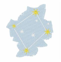 Star constellation design with bright yellow stars on a light blue cloud-like background, featuring playful white sparkles.