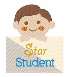Cheerful boy with brown hair peeking over a colorful sign that reads 'Star Student' in bright blue and yellow.