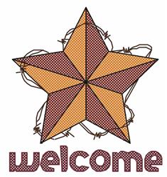 Cross stitch star in orange and brown, featuring the word 'welcome' in rounded font, cheerful design.