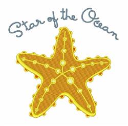 Playful starfish applique with bright yellow color and dotted accents, featuring 'Star of the Ocean' text.