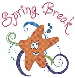 Cross stitch starfish design with cheerful face, swirls, bubbles, and 'Spring Break' text in playful colors.