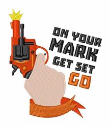 A hand signals a bright orange starting pistol with bold text 'ON YOUR MARK GET SET GO,' embodying competition spirit.