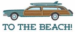 Vintage station wagon with surfboard atop, featuring teal and brown colors, in a playful summer beach theme.