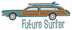 Playful station wagon in teal with wood paneling and a surfboard, captioned 'Future Surfer', perfect for summer.