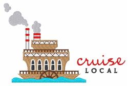 Playful steamboat with red and white smokestacks puffing smoke over turquoise water, featuring 'cruise local' text.