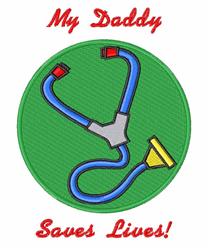 Applique stethoscope in playful blue and yellow on a bright green background with cheerful text.