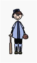 Cartoonish stick figure baseball player in a light blue shirt, swinging a brown bat and wearing a glove, cheerful sports them