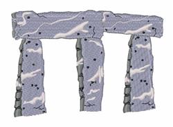 A whimsical stone monument featuring three vertical stones topped with a cloudy pattern in shades of gray and white.