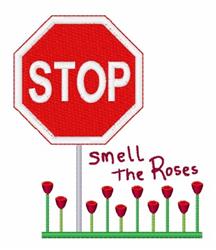 Bright red STOP sign with white letters on a green pole, surrounded by playful red roses, perfect for spring.