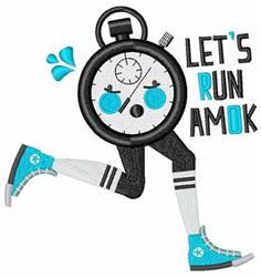 Playful stopwatch character in vibrant blue and white, running energetically with the text 'LET'S RUN AMOK'.