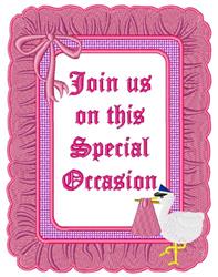 Playful stork holding a baby item within a vibrant pink scalloped frame, perfect for special occasions.