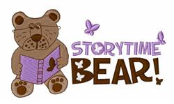 Playful cartoon bear reading a purple book, surrounded by light purple butterflies; whimsical design.