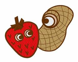 Playful strawberry with large googly eyes and a whimsical brown snail shell, perfect for fun embroidery projects.