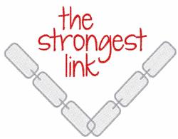 Playful text design 'the strongest link' in red with modern gray chain links in V shape.