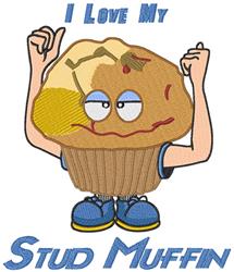 Playful cartoonish muffin character flexing its arms, with blue sneakers and 'I Love My Stud Muffin' text.