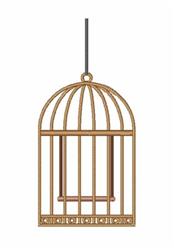 Stylized birdcage with a rounded top and vertical bars, elegantly suspended in a warm golden hue.