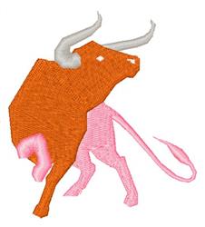 Stylized bull in vibrant orange with pink legs and curved horns, showcasing a modern design.