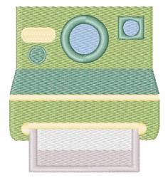 Stylized camera with colorful lenses in soft green tones, featuring playful round details, perfect for modern embroidery.