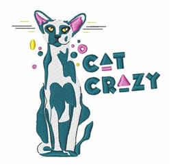 Stylized cat with bold geometric shapes in teal and white, surrounded by colorful accents and the phrase 'CAT CRAZY'.