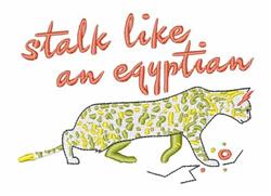 Playful stylized cat in vibrant colors and patterns, walking with expression, featuring bold text 'stalk like an egyptian'.