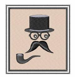 Whimsical stylized face with black top hat, round glasses, and curly mustache, featuring a smoking pipe.