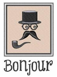 Stylized face with top hat, round glasses, and mustache, alongside a pipe, on a beige background. Whimsical decor.