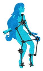 Stylized female figure in a constellation, depicted in blue tones with black outlines and star motifs.