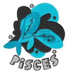 Stylized fish design featuring two vibrant blue fish against a black background, with 'PISCES' text below.