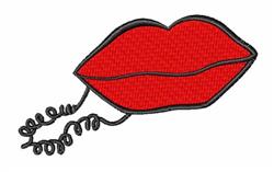 Stylized lips with bold red color and black outline, accented by a playful curly line, perfect for embroidery.