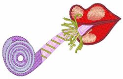 Playful stylized lips exhale a colorful purple swirl, accented with green leaves and polka dots.