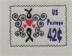 Stylized postage stamp features colorful hearts, swirls, and ribbons with whimsical purple text on a white backdrop.