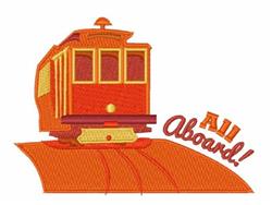 Cartoonish train in red and yellow on a lively track with whimsical 'All Aboard!' text, perfect for playful décor.