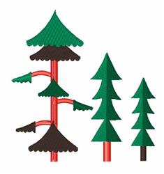Whimsical trees with green foliage, brown accents, and red trunks in a playful cartoonish style.