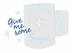 Whimsical sugar canisters with 'Give me some Sugar' in playful blue font and sparkles. Cheerful kitchen decor.