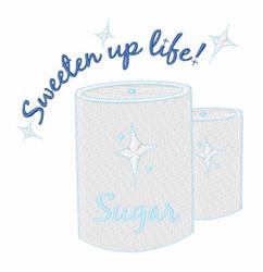 Playful sugar containers with sparkles, featuring the phrase 'Sweeten up life!' above them in light blue.