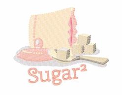 Whimsical design featuring a light pink sugar bag and scattered white sugar cubes around a spoon, with 'Sugar²' embroidered.