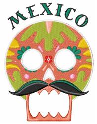 Colorful sugar skull with a bold mustache, intricate floral designs, and 'MEXICO' text, perfect for Day of the Dead.
