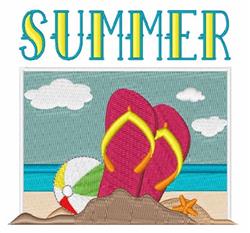 Playful summer scene featuring pink flip flops in sand, a beach ball nearby, and a bright ocean view.