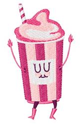 Playful summer drink cup with pink stripes, smiling face, straw, and whipped cream, ideal for embroidery.