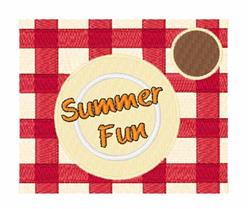 Playful summer design featuring 'Summer Fun' on a yellow plate, set on a red checkered background.