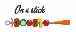 Playful kebabs in vibrant colors with meat and beads, featuring text 'On a stick', perfect for summer BBQ.