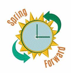 Colorful sun clock design with arrows and 'Spring Forward' text, perfect for spring-themed kitchen towels.